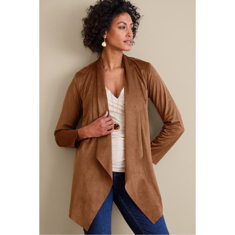 Soft Surroundings Women's Soft Shape Drape Faux Suede Jacket Size L Brown NWT